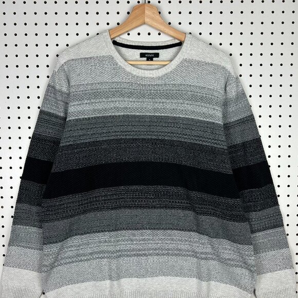 Vintage Chunky Waffle Striped Knit Sweater XL Gray Black Weave Grandpa Alfani‎ - Picture 2 of 6